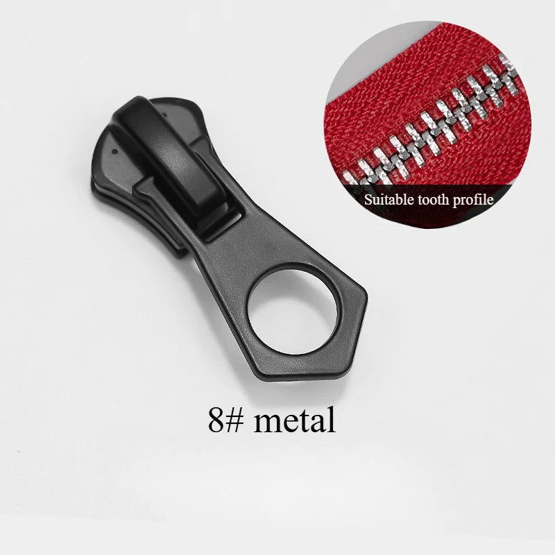 A black metal zipper slider repair kit with a hexagonal opening and a close-up of a red fabric zipper tooth profile.