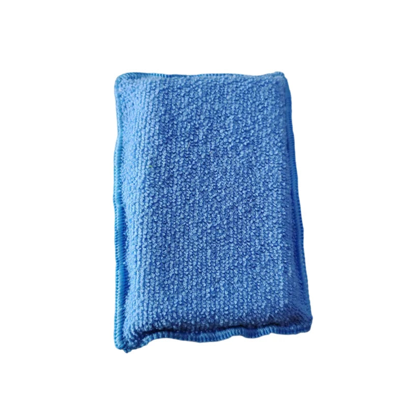 A blue dual-sided microfiber scrubbing sponge used for cleaning car interiors.
