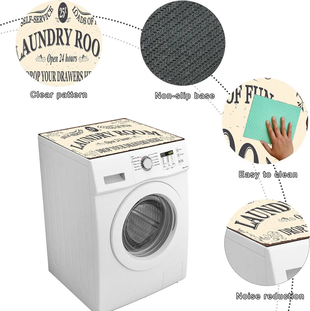 A white laundry room appliance with a protective mat and various features shown around it.