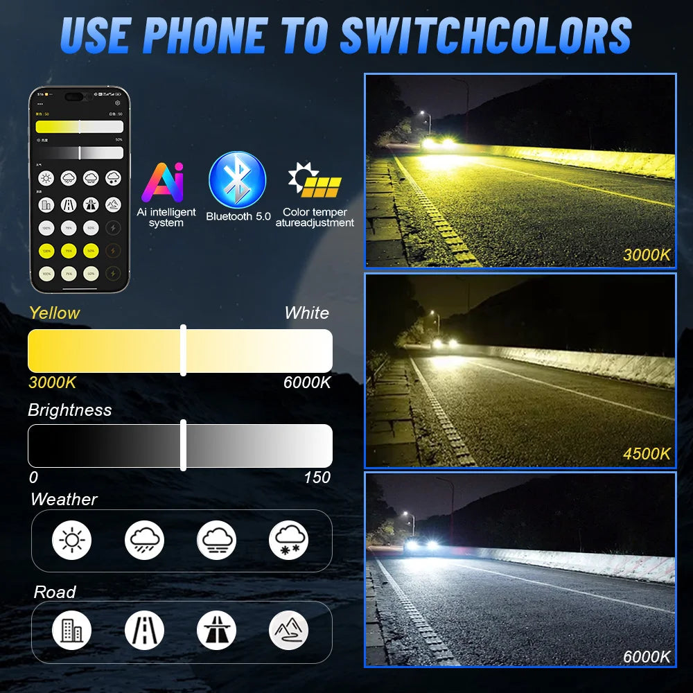 Smart App Control LED Headlight Bulbs with Triple Color Modes