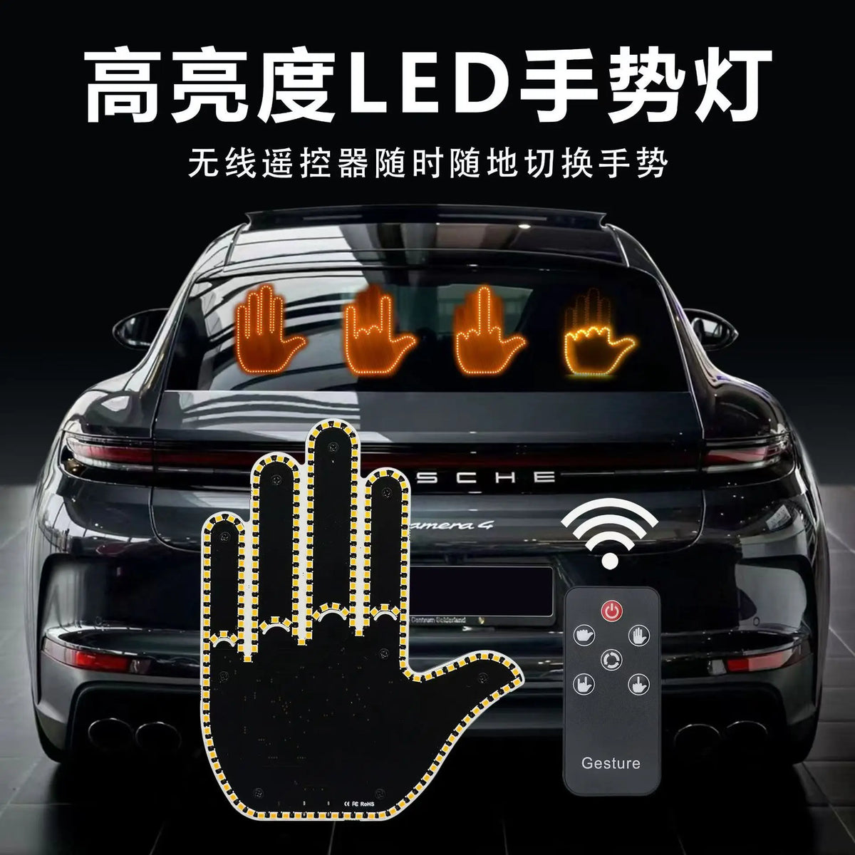 A hand gesture control system for a car light, showing various hand signs on the rear of a black vehicle.