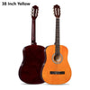 A 38 inch yellow classical acoustic guitar with a dark wood body and light wood top.