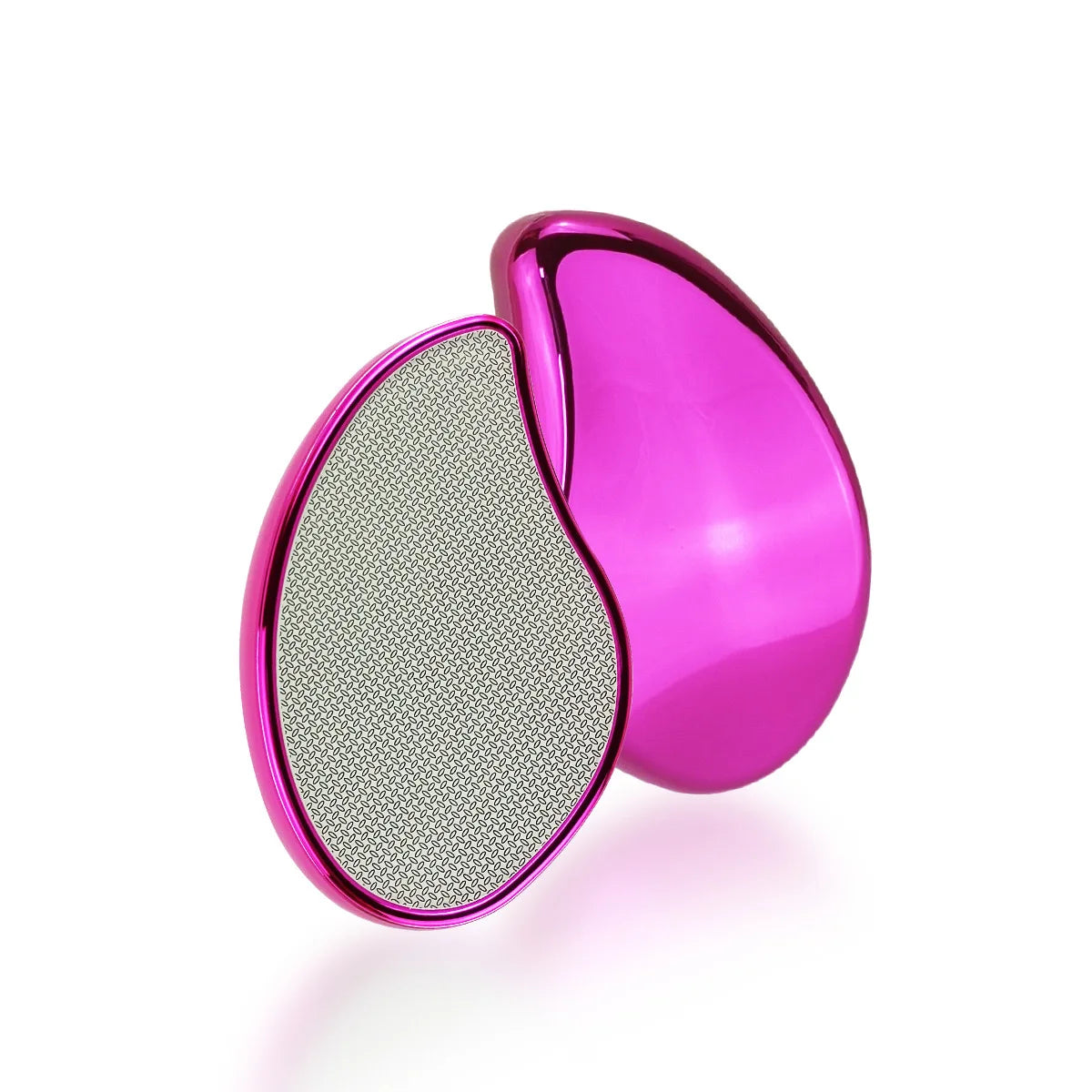 A pink, teardrop-shaped hair remover with a textured silver surface.