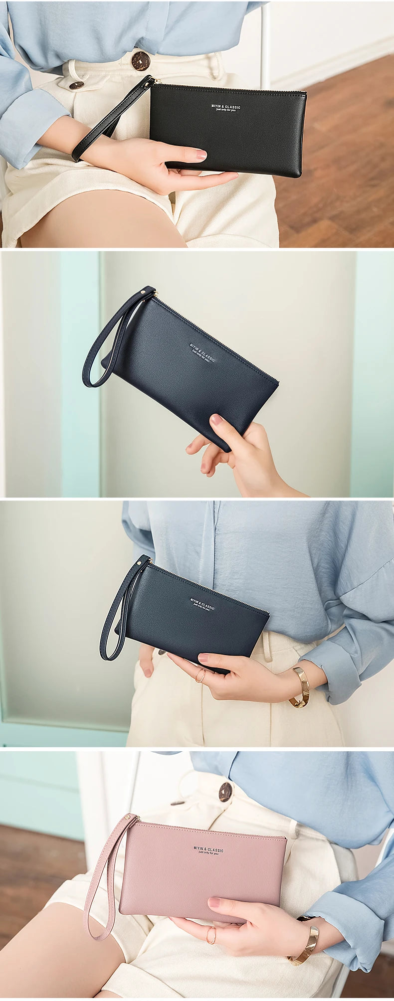 Slim PU Leather Zip-Around Wallet with Card and Phone Pockets