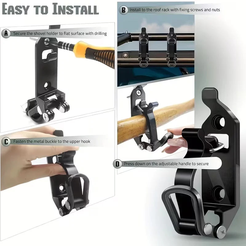 Instructions show how to install a heavy-duty wall mount tool holder for shovels and axes using fixing screws and nuts.