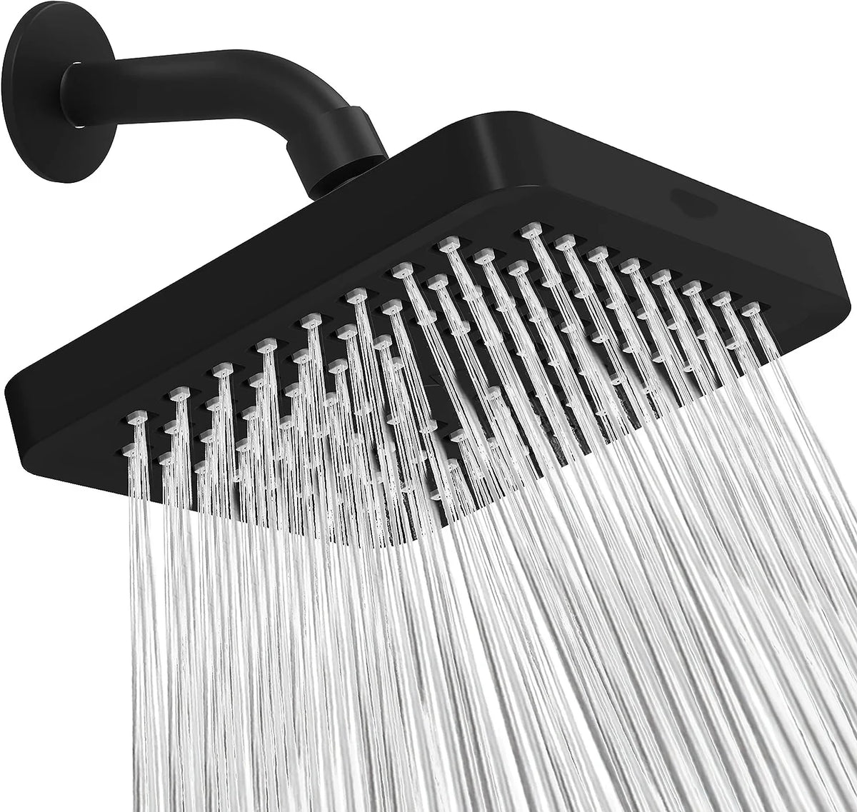 A black 6-inch high-pressure rainfall shower head with multiple nozzles spraying water.