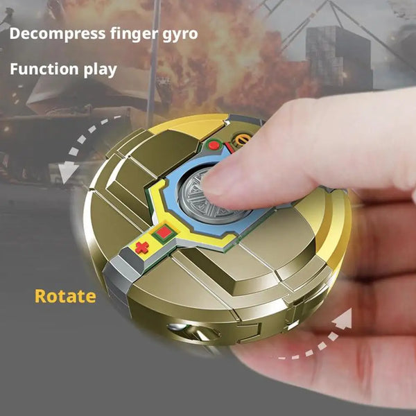 A hand is rotating a gold and blue fidget spinner toy, demonstrating its function.