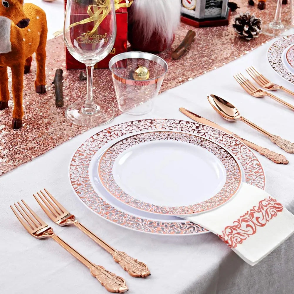 Elegant White Disposable Dinner Plates with Silver Lace Design