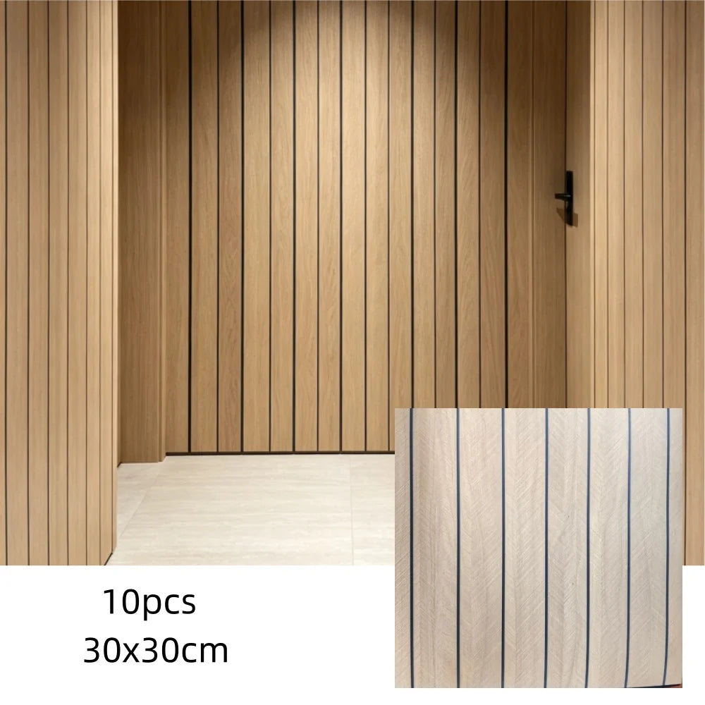 A set of 10 panels of wood grain peel and stick wall panels measuring 30x30cm shown in a vertical installation.