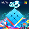 A blue MoYu MeiLong 3x3x3 magic cube is shown with colorful lights and other puzzle pieces in a dynamic display.