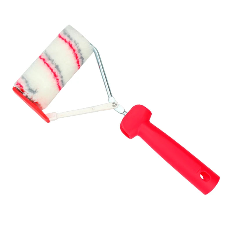 A red paint edger roller with a white and gray striped foam roller head.