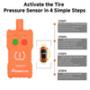 An orange tire pressure sensor tool with four buttons and an instruction guide for activating the sensor in four steps.
