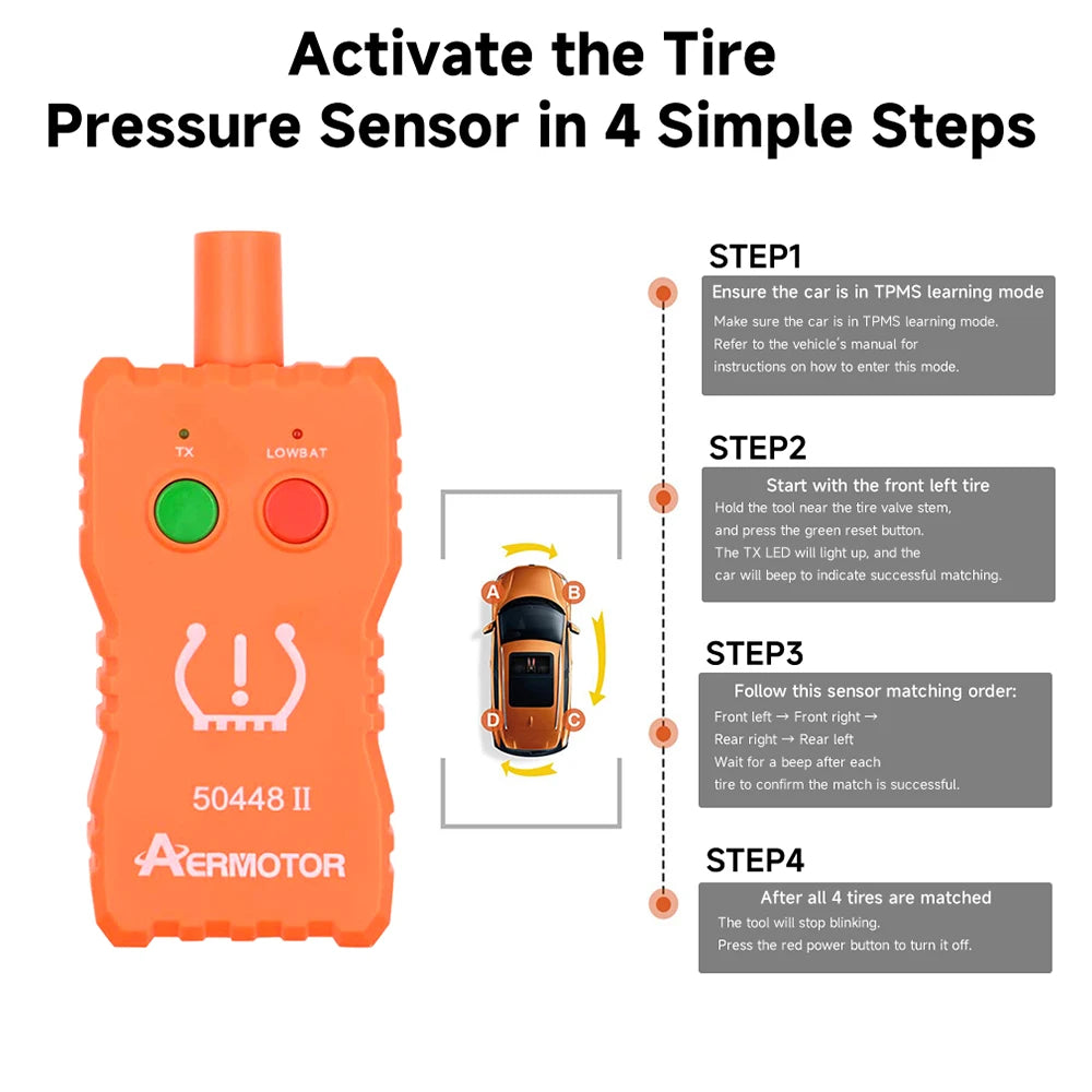 An orange tire pressure sensor tool with four buttons and an instruction guide for activating the sensor in four steps.