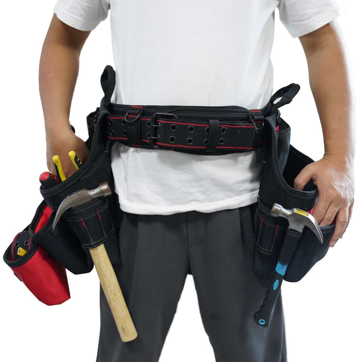 A black heavy-duty padded tool belt with D-rings and a double metal buckle is worn by a person.