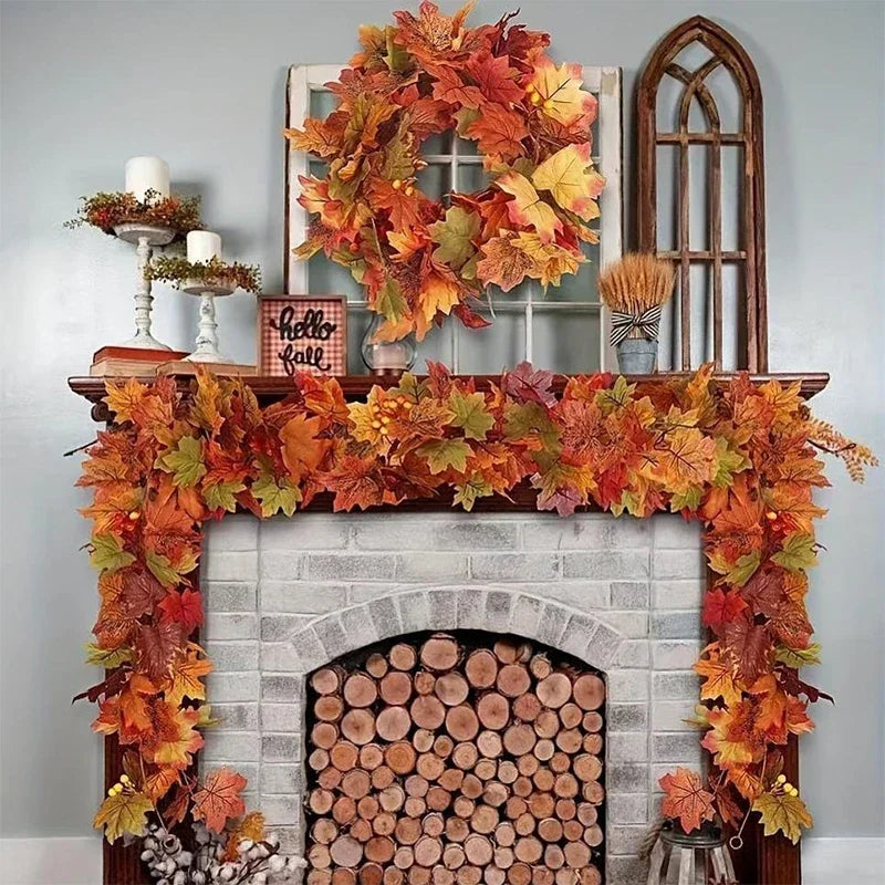 Artificial maple leaf garland in autumn colors decorating a fireplace mantel and surrounding decor
