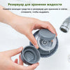 A hand is dispensing liquid soap into a reservoir for storage and dispensing.