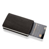A black slim leather card holder with several cards visible inside.