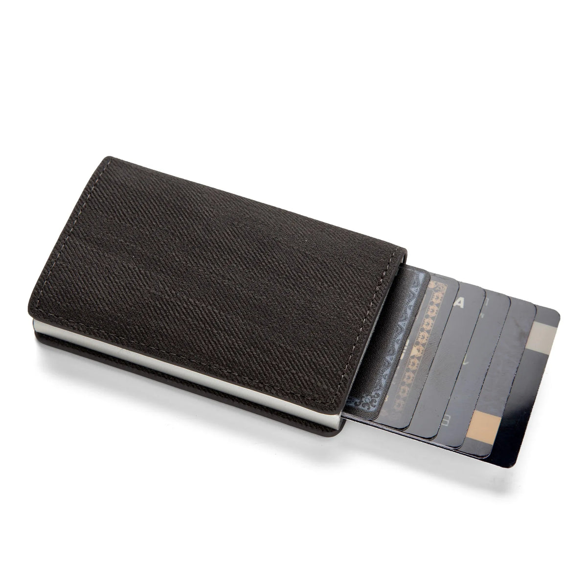 A black slim leather card holder with several cards visible inside.