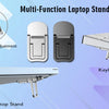 A multi-function laptop stand showing two angle adjustments, a keyboard riser, and a standalone laptop stand.