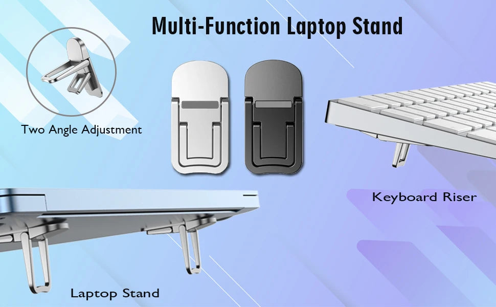 A multi-function laptop stand showing two angle adjustments, a keyboard riser, and a standalone laptop stand.