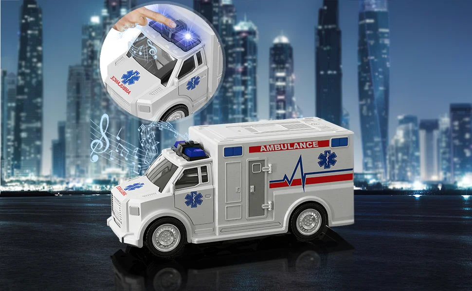 Friction Powered Emergency Vehicle Toy Set with Lights and Sounds