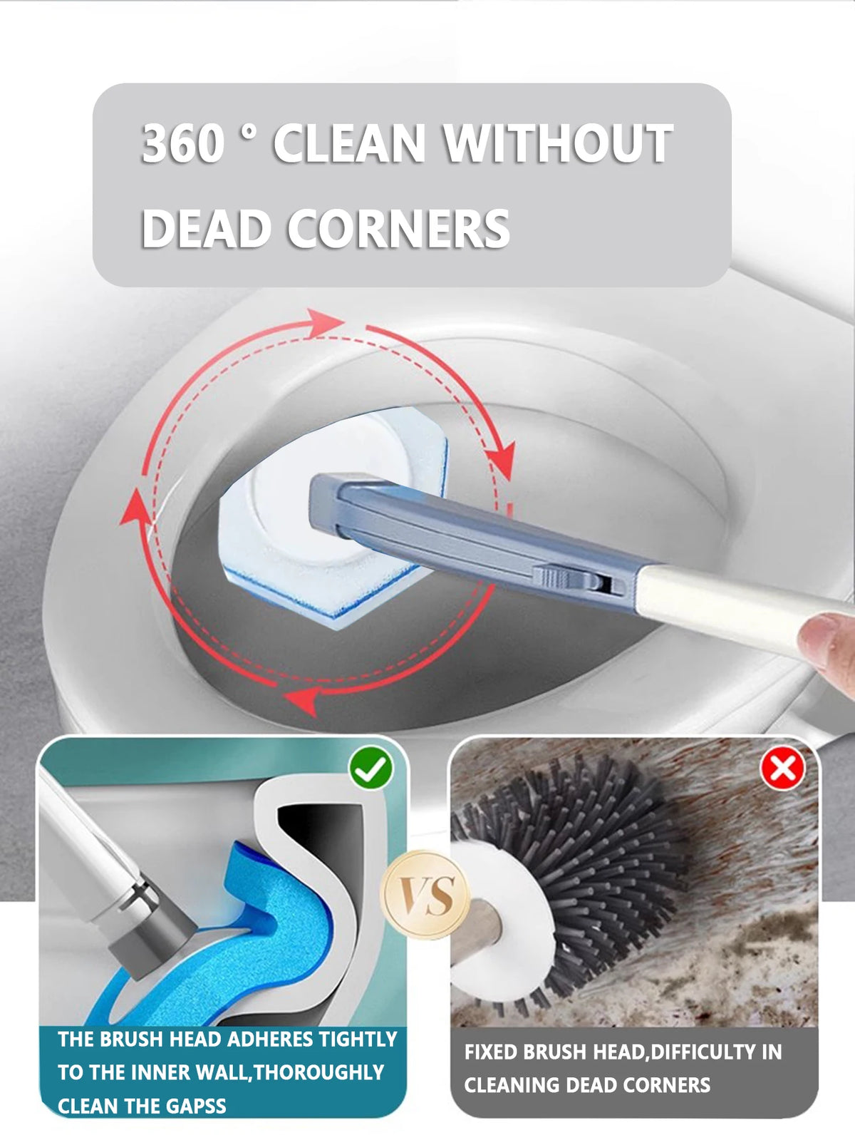 A cleaning wand is shown demonstrating how the brush head adheres to the inner wall of a toilet bowl to clean dead corners.