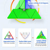 A green and blue magnetic cube pyramid demonstrating corner-cutting features for improved performance.
