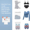Set of three reusable mesh laundry bags for protecting delicates and other items in the washer.