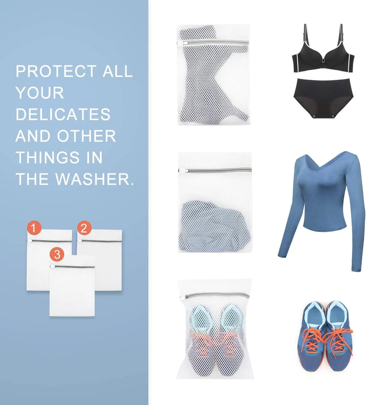 Set of three reusable mesh laundry bags for protecting delicates and other items in the washer.