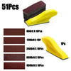 A set of 51 sandpaper pieces, including various grits (80 to 800) and a yellow sanding block.