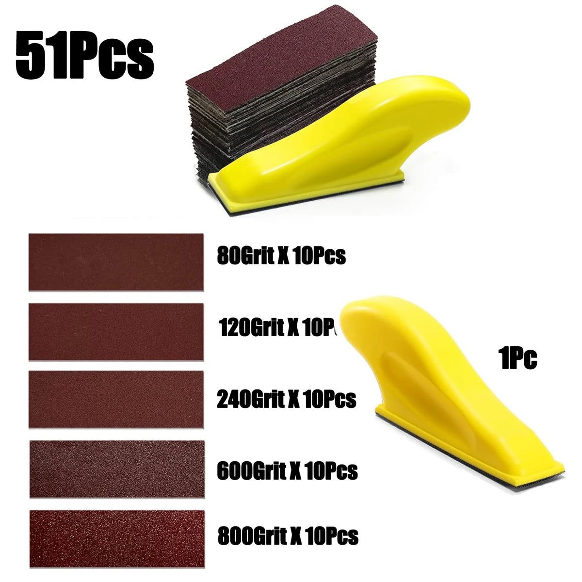 A set of 51 sandpaper pieces, including various grits (80 to 800) and a yellow sanding block.
