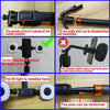Trípode de selfie negro con control remoto y luces LED dobles en varias configuraciones.