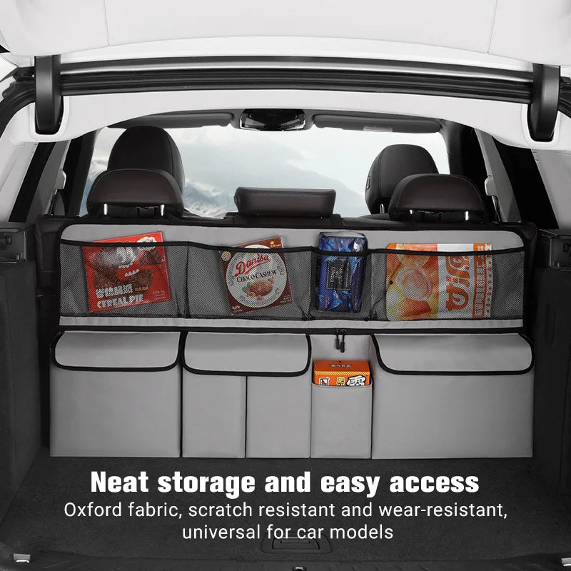 Gray fabric car trunk organizer with hanging storage pockets for neat and easy access