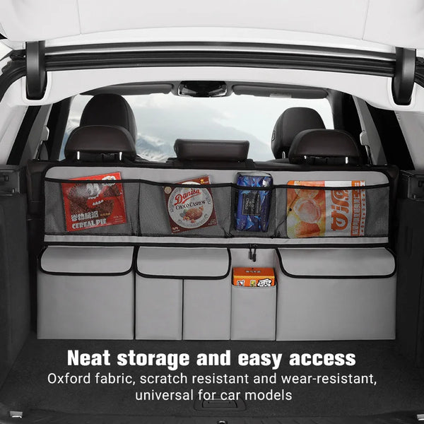 Gray fabric car trunk organizer with hanging storage pockets for neat and easy access