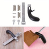 A set of adjustable leather strap cutters including a main blade and two spare blades shown next to a wooden cutting board.