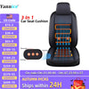 Black car seat cushion with massage, heating, and cooling features shown on a seat.