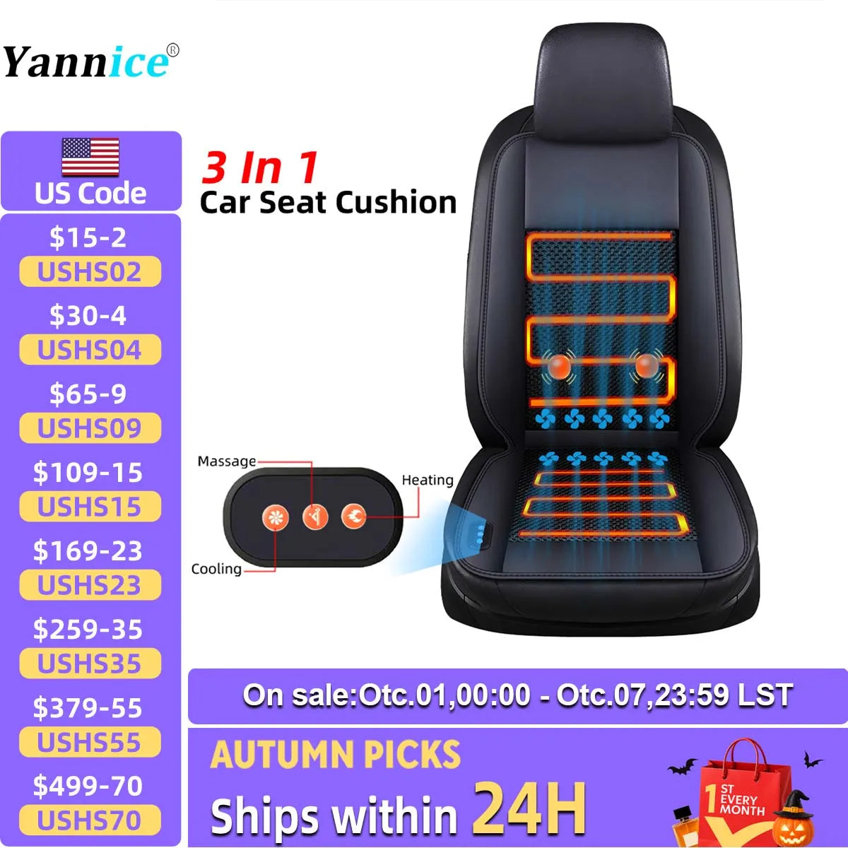 Black car seat cushion with massage, heating, and cooling features shown on a seat.