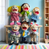 A set of hand puppets featuring various characters including a blonde woman, a dark-haired man, and two men.