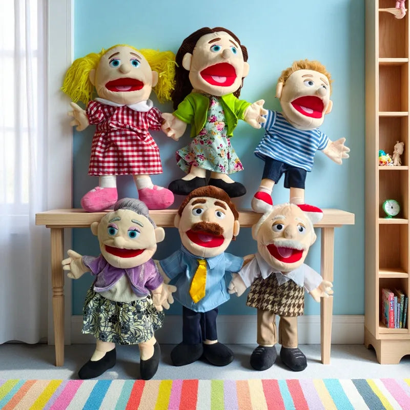 A set of hand puppets featuring various characters including a blonde woman, a dark-haired man, and two men.