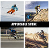 Two panels show activities: a person skiing on snow and a person climbing rocks, alongside a motorcycle rider.