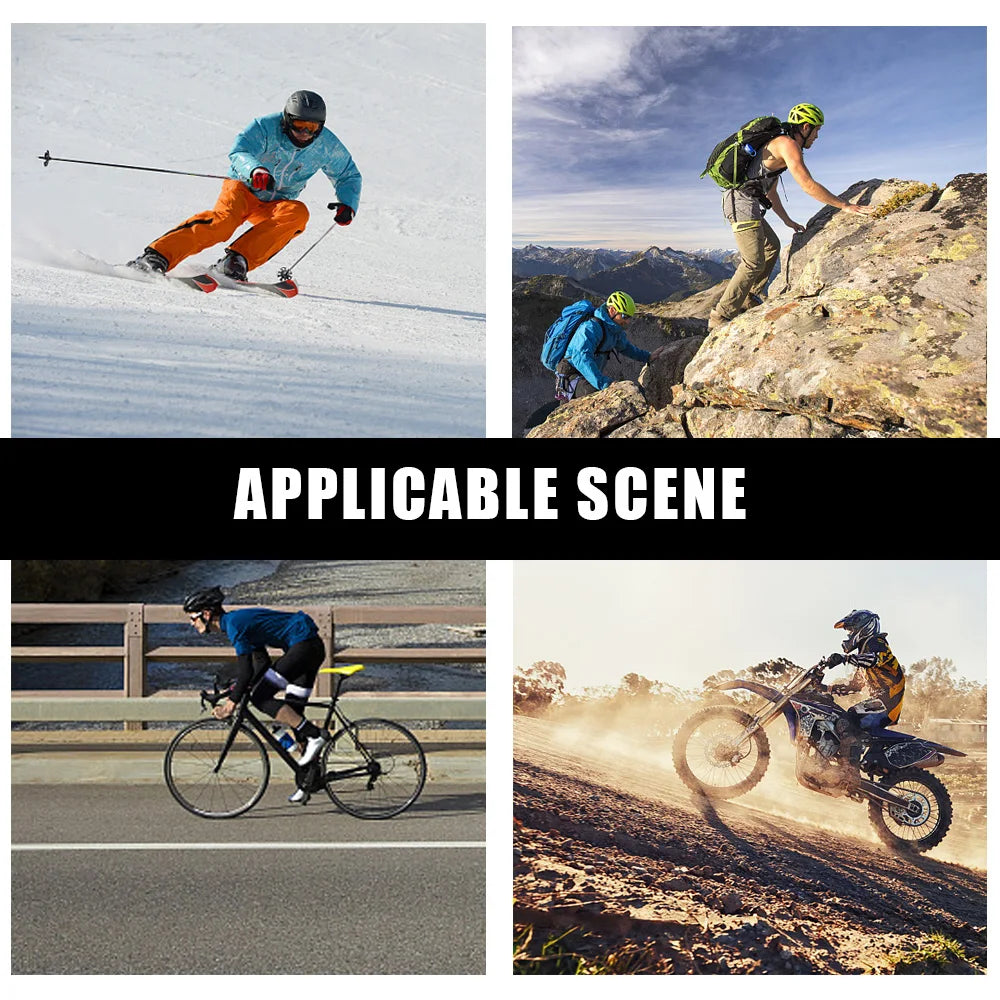 Two panels show activities: a person skiing on snow and a person climbing rocks, alongside a motorcycle rider.
