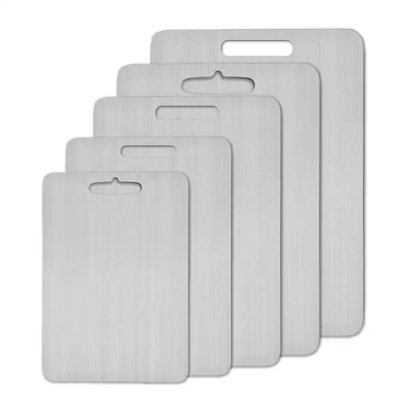 A set of three double-sided stainless steel cutting boards with handles