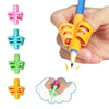 A hand holds an orange pencil grip trainer set with multiple fingers and a blue pencil.