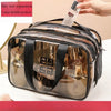 A transparent PVC travel toiletry bag with large double pockets is shown, featuring a pump bottle being held above it.