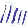 A set of purple car trim removal tools and a storage bag with dimension markings.