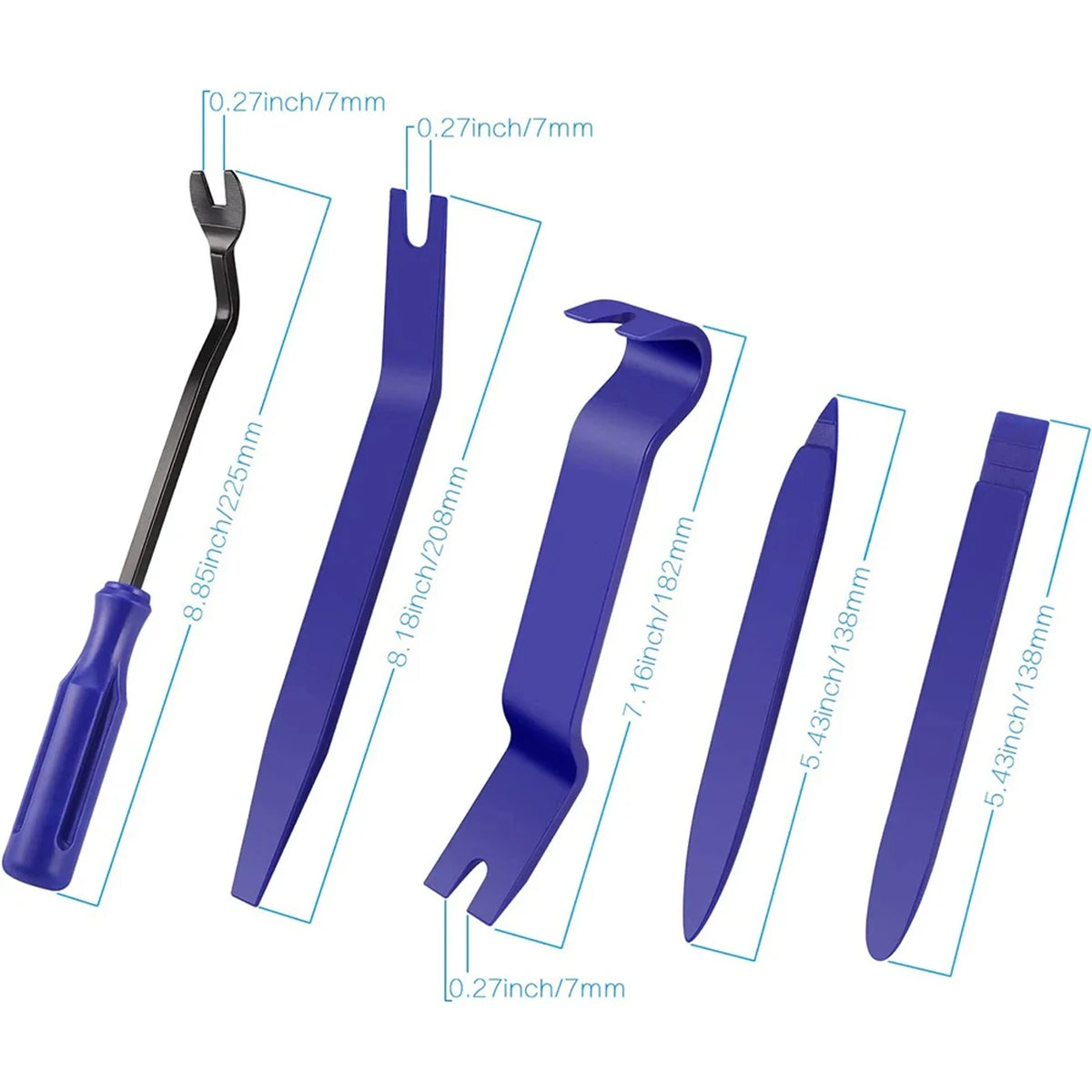 A set of purple car trim removal tools and a storage bag with dimension markings.