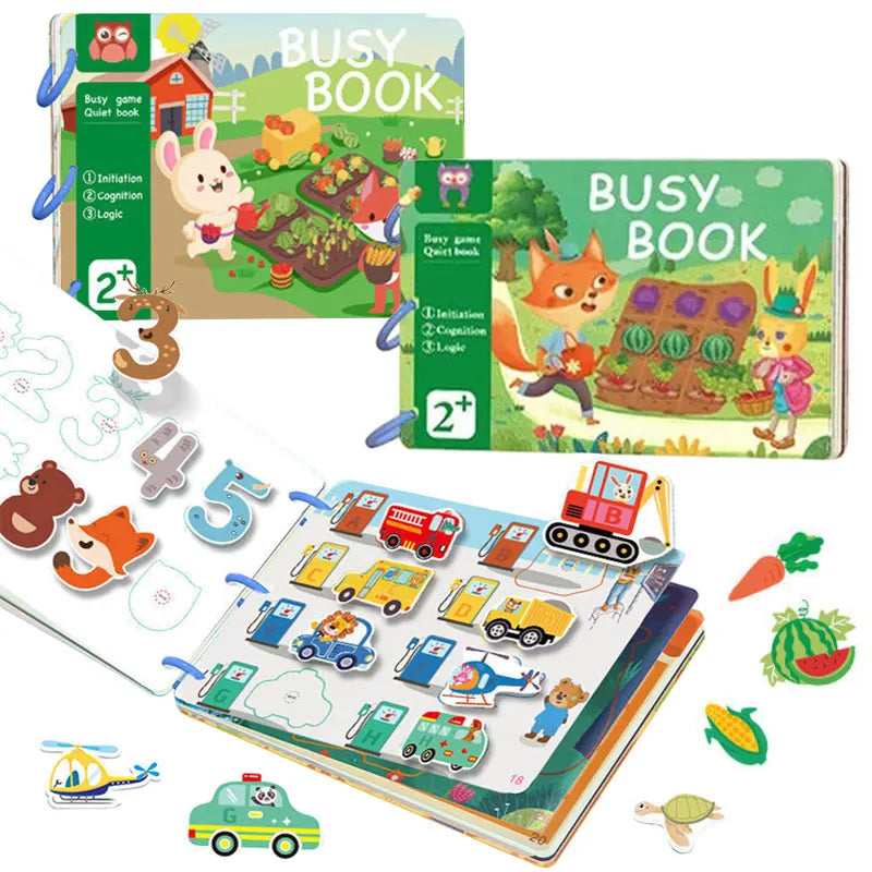 A set of Montessori busy books for toddlers featuring various activities like sorting, puzzles, and sensory play.
