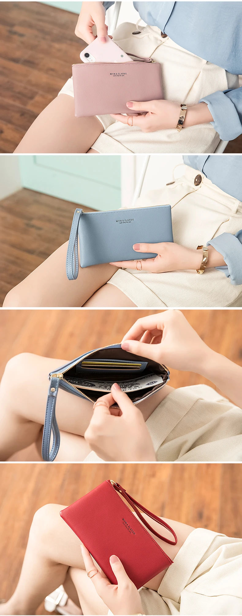 Slim PU Leather Zip-Around Wallet with Card and Phone Pockets