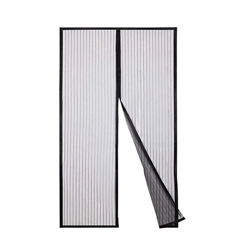 A magnetic screen door featuring a hands-free mesh curtain in a vertical striped design.
