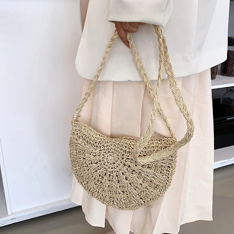 Handwoven Straw Semicircle Crossbody Bag with Tassel